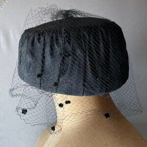 Vintage Black Pillbox Hat Flocked Veil 1950's Fifties Retro